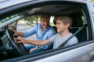 Parents teaching their children how to drive with patience and care.