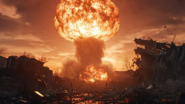 Massive explosion with mushroom cloud over devastated city at sunset, apocalyptic scene. Disaster and destruction concept