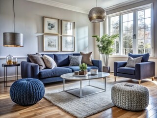 Fototapeta premium Scandinavian Living Room Design: Dark Blue Sofa, Silver Knit Poufs, Modern Minimalist Interior