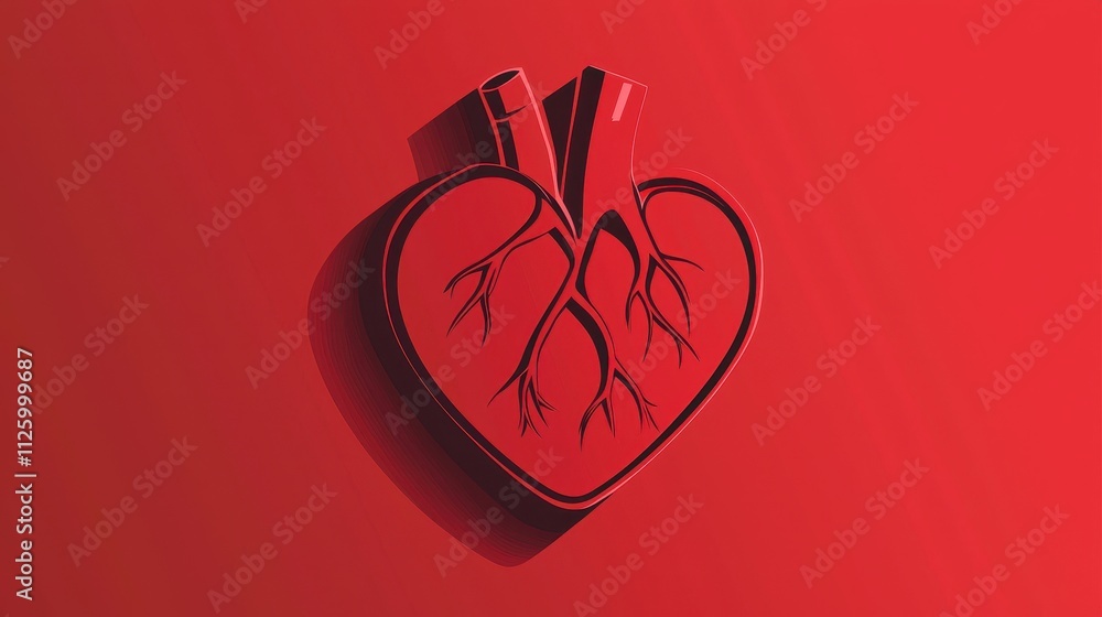 Poster bold minimalist heart icon vector graphic design with clean lines and vibrant red background