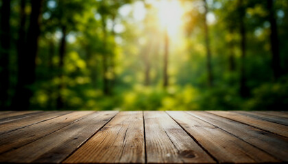 Wooden table top with blurred nature background