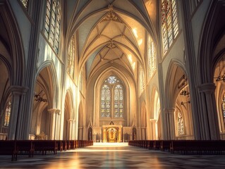Obraz premium Sunlit cathedral interior, arched ceilings, stained glass.