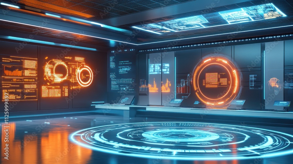 Poster futuristic control room with advanced digital interfaces