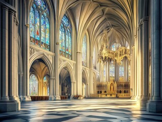 Obraz premium Sunlit cathedral interior, stained glass, grand altar.