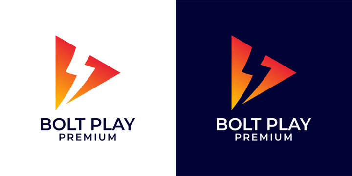Lightning bolt with play button logo design. Play icon with lightning logo template. Vector logo template of bolt, lightning, play, video, company, production, modern, colorful, creative.