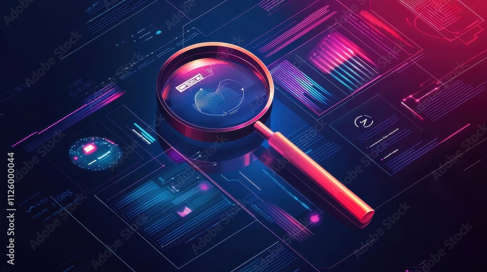 Poster digital magnifying glass on a sleek designed web interface with colorful graphics