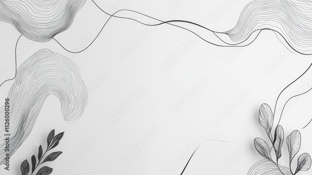 Poster abstract grayscale background with line art leaves and flowing lines, providing copy space.