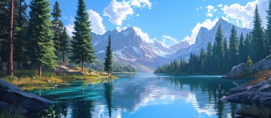 Naklejka premium Serene mountain lake reflecting a sunny sky and snow-capped peaks.