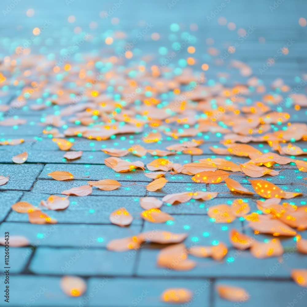 Aufkleber Digital Encryption Symbols Illuminate Autumn Leaves on Cobblestone Pathway