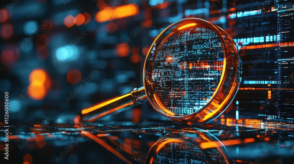Poster magnifying glass symbolizing inquiry and investigation in a digital data environment