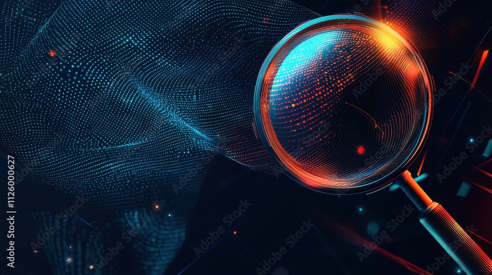 Poster magnifying glass illuminating data symbols in abstract digital investigation scene