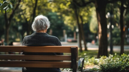 Fototapeta premium back of view of lonely old woman sitting by her selves at nursing background