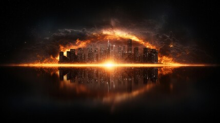 Obraz premium A cityscape with a bright sun reflecting off the water