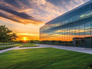 Obraz premium modern office building at sunset with reflective glass