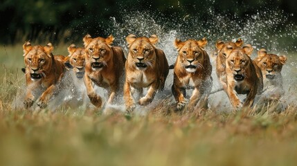 Pride of lionesses running through water, splashing.