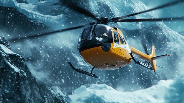 A yellow helicopter flying through a snowy mountain landscape, showcasing the thrill of aerial exploration.