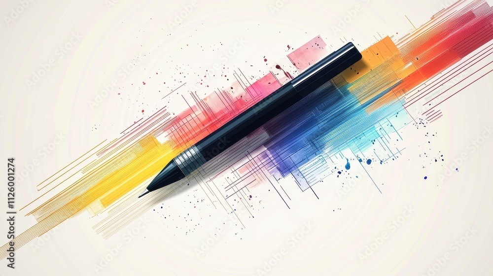 Poster modern abstract artistic design featuring pen with colorful lines and patterns