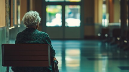 back of view of lonely old woman sitting by her selves at nursing background