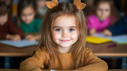 Fototapeta premium Happy Girl Student Smiling in Classroom Preschool Education