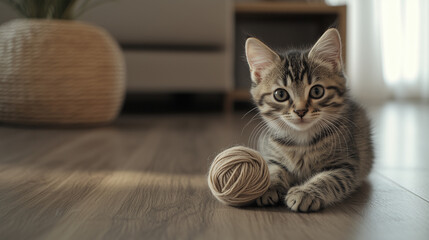 A mischievous kitten playing with a ball of yarn, set against a minimalist wooden floor, ideal for playful or creative themed memes
