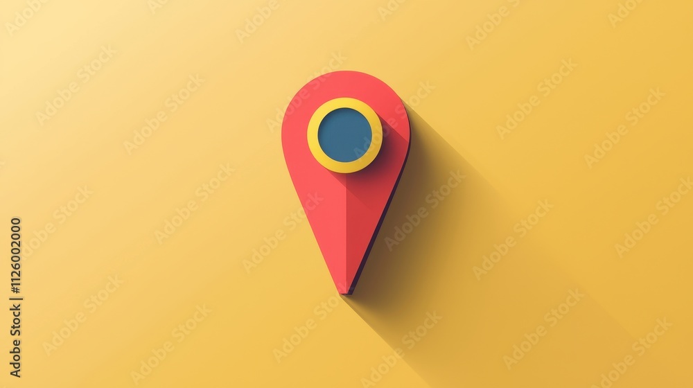 Poster flat minimalistic push pin icon design with shadow on yellow background