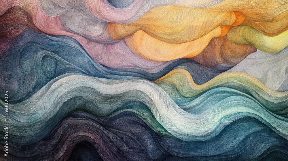Poster a dynamic pattern of swirling wind currents represented with abstract lines and pastel hues, evoking