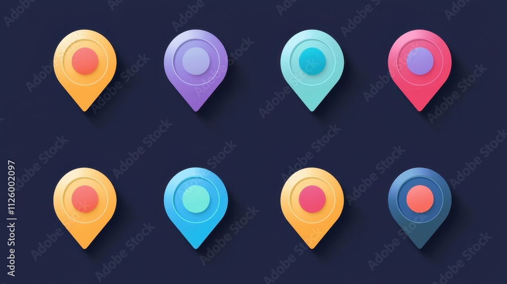 Poster sleek flat map push pins in vibrant colors for location marking and navigation use