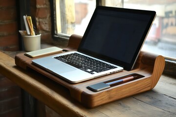 Compact desk with a tablet, laptop, and notebook.