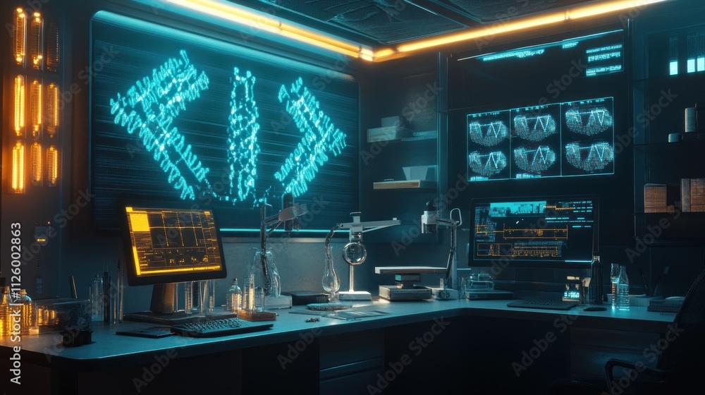 Poster futuristic laboratory workstation with code displays