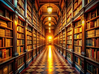 Fototapeta premium Serene Library Alley: Symmetrical Bookshelves, Warm Lighting, Tranquil Reading Space, Educational Concept