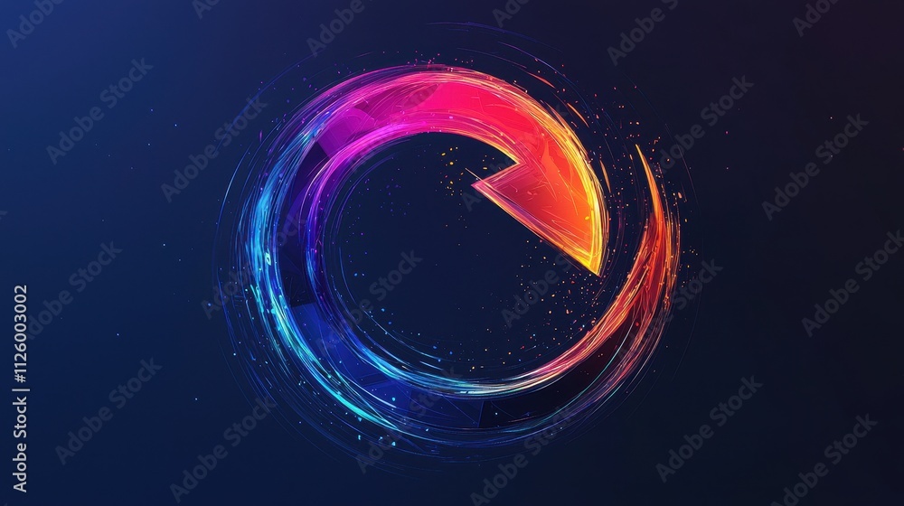 Poster dynamic refresh icon with colorful rotating arrow in a vibrant graphic design