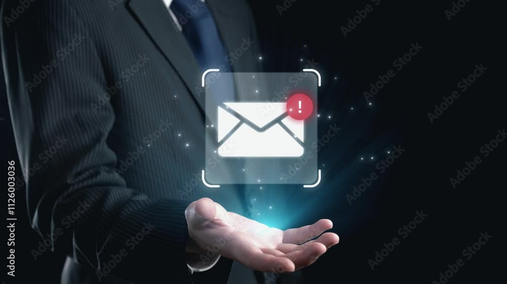 Poster business person checking email inbox, organizing and prioritizing messages for better productivity. 