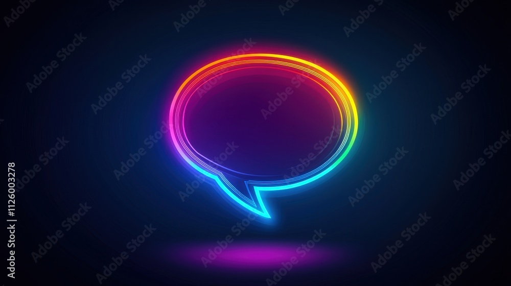 Poster colorful neon speech bubble icon with bold outline and sharp edges on dark background
