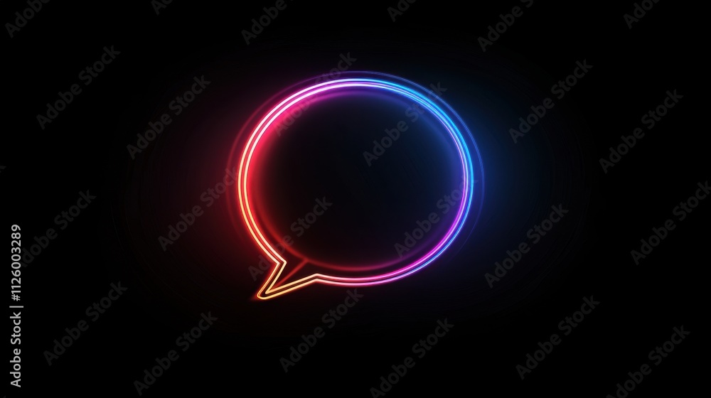 Poster colorful neon speech bubble icon with bold outline and sharp design on dark background