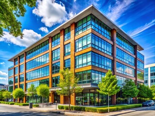 Fototapeta premium Candid Lowrise Office Building Photography: Urban Architecture, Cityscape, Exterior, Daytime, Sunlight 