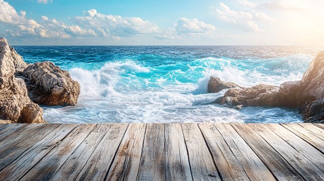 Coastal cliffside view of a turquoise ocean with waves crashing against rocky outcrops