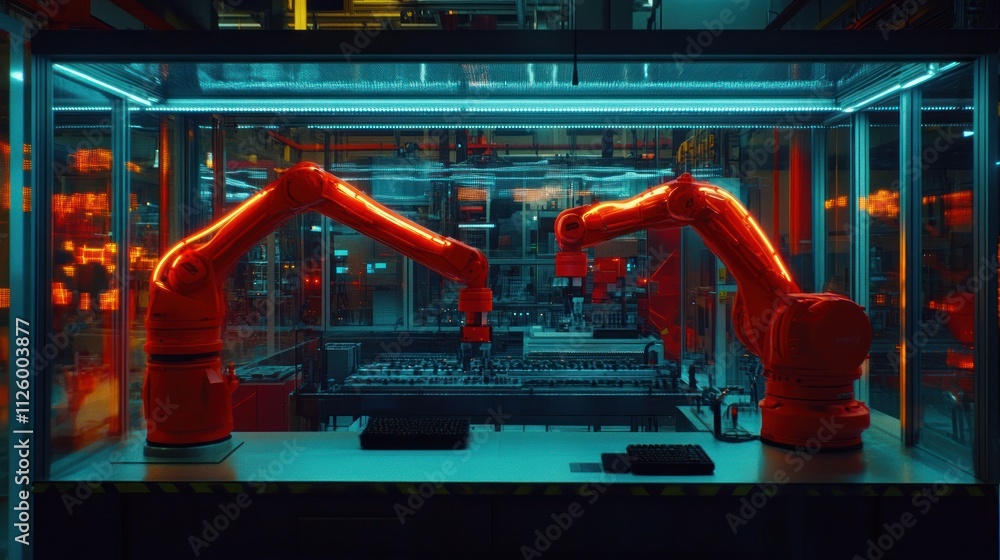 Poster robotic arms working in a modern factory setting