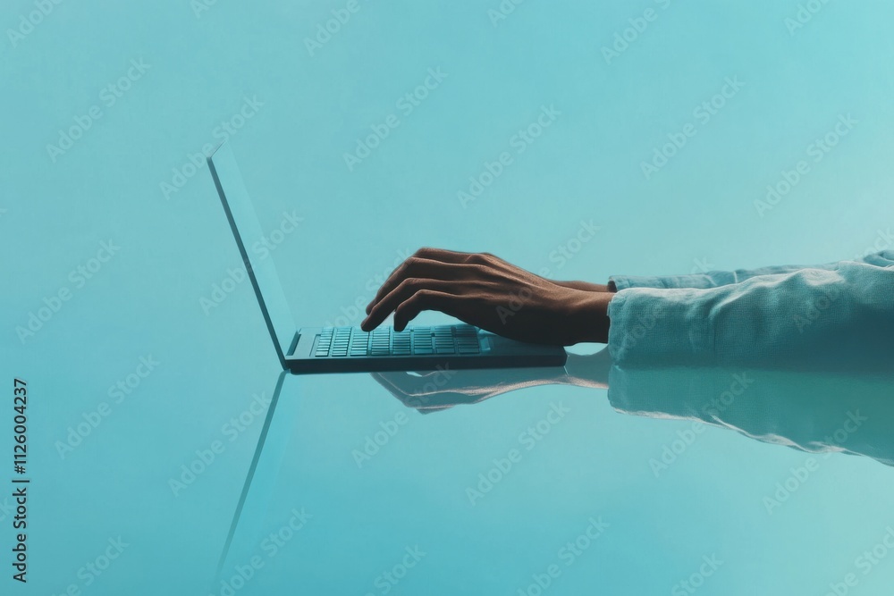 Wall mural a minimalistic depiction of a person typing on an invisible keyboard, representing the invisible lab