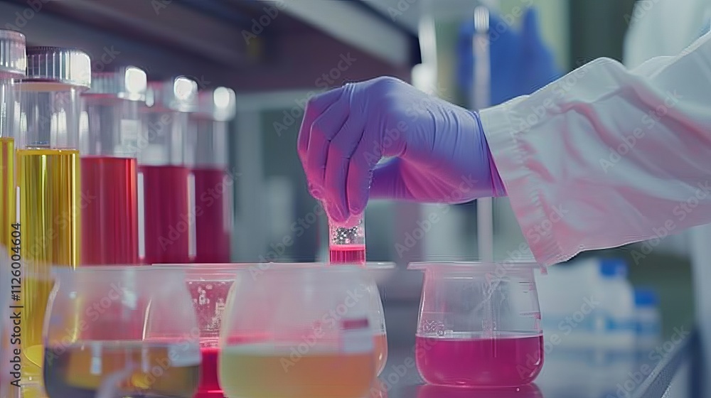 Poster laboratory technician conducting microscopic bacteriological analysis using reagents in a modern mic