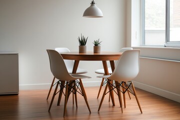Minimalist dining room with round wooden table bright and airy interior modern design cozy atmosphere inviting space for gatherings and relaxation
