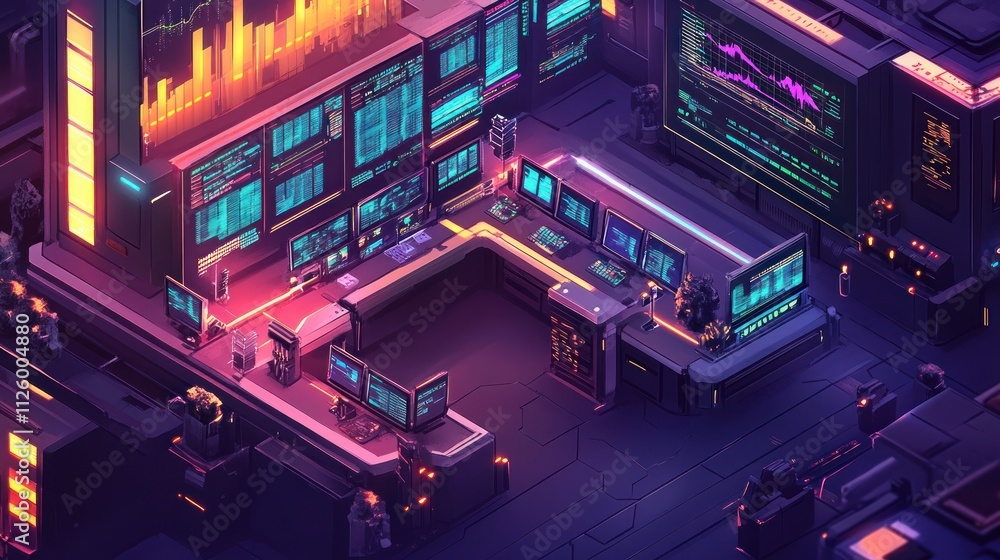 Poster futuristic control room with numerous screens displaying data