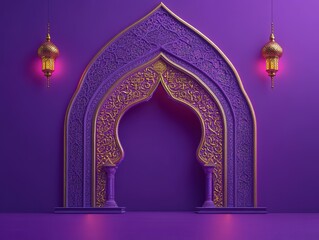 Ornate purple archway with decorative lanterns, evoking cultural elegance.