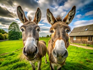 Cute Hungry Donkeys Farm Animals Countryside Barnyard Portrait Photography
