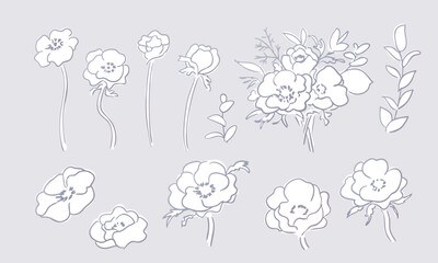 Obraz premium ガーベラのベクターイラスト。シンプルな花と草木の線画背景。おしゃれな草木背景。Vector illustration of gerbera. Simple flowers and plants line drawing background. Stylish grass and trees background.