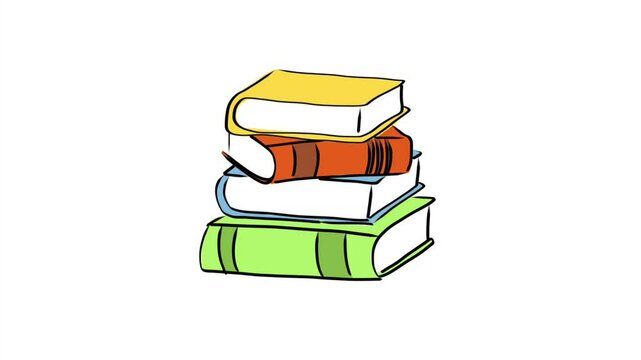 Illustration of a stack of books suddenly appearing on the screen, with a white background