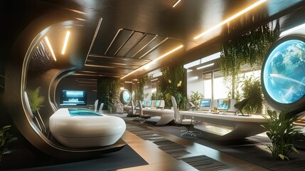 Futuristic office, sleek design, verdant walls, glowing orbs.
