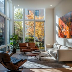 modern living room with large windows and autumn view