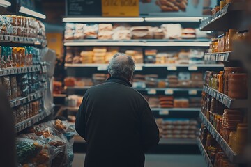 Fototapeta premium An elderly man browsing shelves in a grocery store filled with various food items.