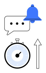 Speech bubble with ellipsis blue notification bell stopwatch upward arrow. Ideal for communication, alerts, productivity, time management, reminders, scheduling, efficiency themes. Line metaphor