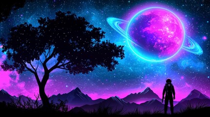 Astronaut  Cosmic Landscape  Galaxy  Planet Rings  Night Sky  Purple Nebula  Silhouette Tr
